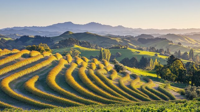 Terraced Kiwifruit Orchard in Morning Sunlight with Hills