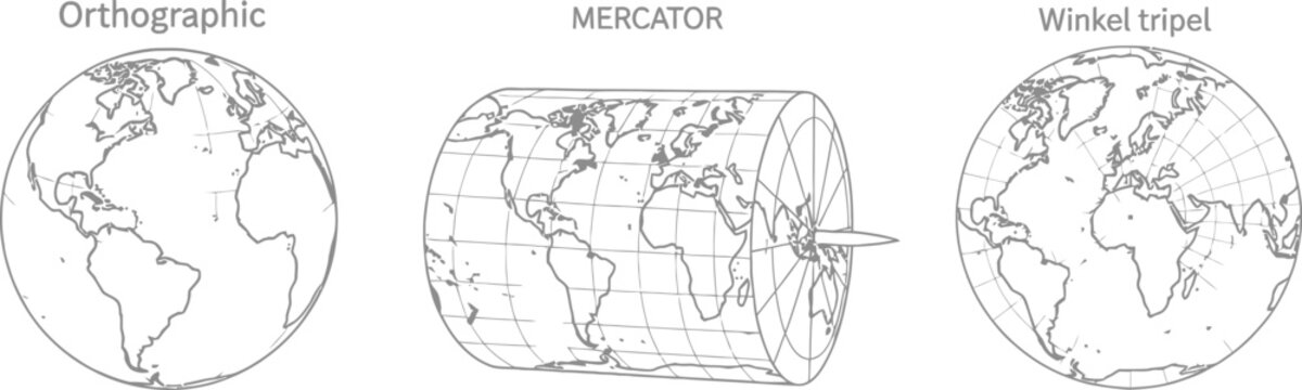 Three projections of the world map
