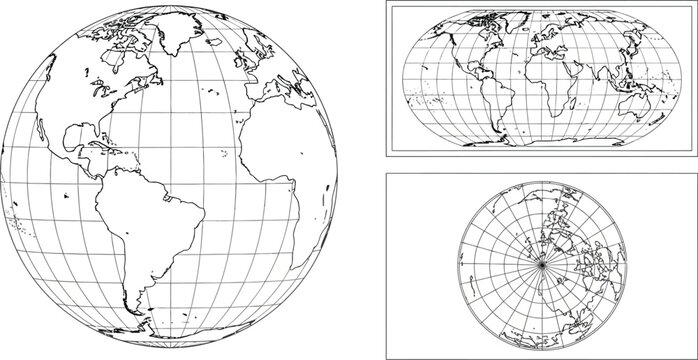 Vintage world map illustrations with globe and projections