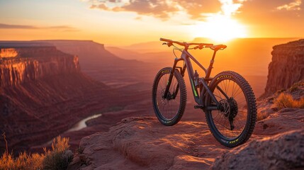 Fototapeta premium A mountain bike is parked on a rocky hillside, with the sun setting in the background. The bike is positioned in a way that it is facing the sun, creating a sense of warmth and tranquility