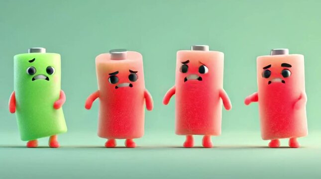 A vibrant green battery character stands tall and cheerful amidst three sad, low-energy red battery friends, depicting the varied states of power and the concept of depletion