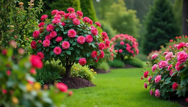 A backyard garden filled with mature rose of sharon shrubs bearing abundant colorful blooms 
