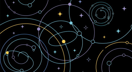 Abstract cosmic illustration with orbiting circles and stars on black background © Dodol Creative Stock