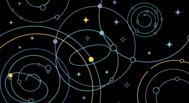 Abstract cosmic illustration with orbiting circles and stars on black background
