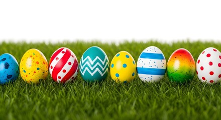 Fototapeta premium Colorful easter eggs in a row on green grass isolated on white background