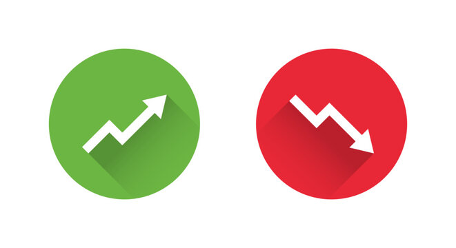 Upward and downward trend arrow icon with long shadow. Business growth and decline indicator symbol