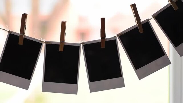 A serene and nostalgic scene of blank Polaroid photos hung on a clothesline with natural light. Ideal for evoking memories and a sense of anticipation