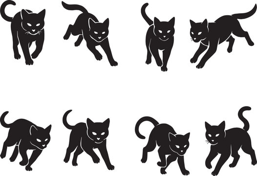 Silhouette of a Cats run in different posse , front of view , clear angels, clear body and cuts in black and white silhouette vector with transparent background 