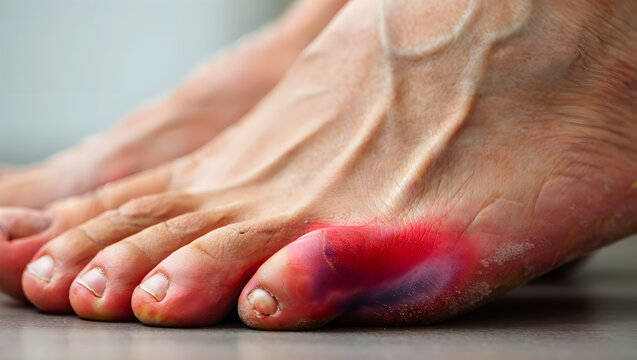Close up of human foot big toe joint with red and purple inflammation and visible veins