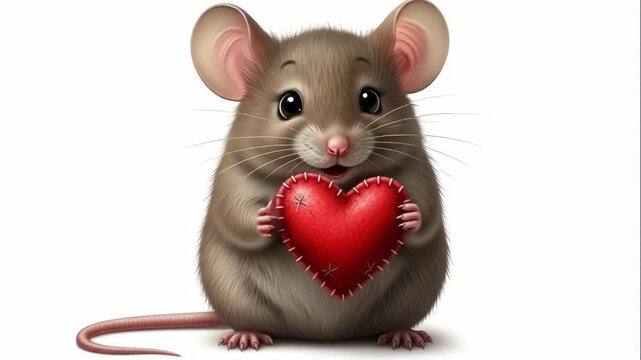 Cute cartoon mouse holding a stitched red heart, displaying affection and charm, with a playful gesture in a series of engaging frames for Valentine's Day celebration