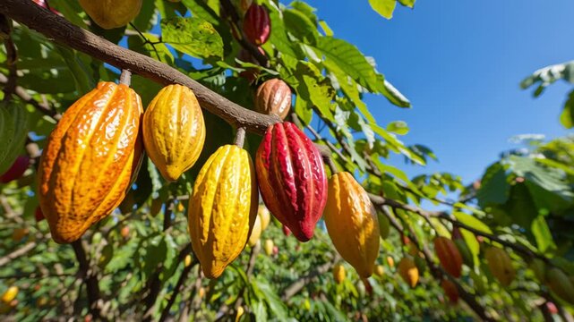 Colorful cocoa pods hanging growing on tree branch. Tropical plantation. Orange yellow cacao fruit group ripe. Theobroma cacao beans grow. Chocolate Nut Tree. Harvest the agricultural. Organic farm