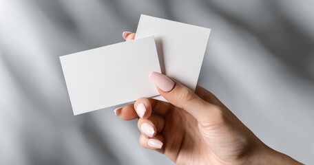 Obraz premium The blank business cards held by a manicured hand for branding mockup