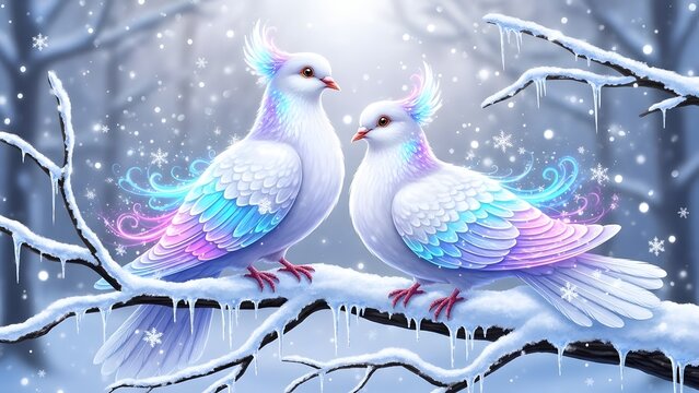 Two birds perched on a snowy branch in a serene winter landscape, surrounded by snowflakes and frosty trees, captured from a gentle viewpoint, referencing adobe 5 (97).jpg