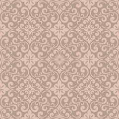 beige floral damask wallpaper with a seamless floral damask scroll  vector design for wallpaper, Fabric, Branding, Packaging, Invitations, Wedding, elegant damask pattern background © PPS Inspire Art