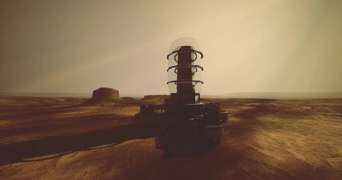 A futuristic research base stands on the Martian surface, featuring a domed structure with multiple levels. It is surrounded by barren red terrain and distant rock formations under a dusty sky.