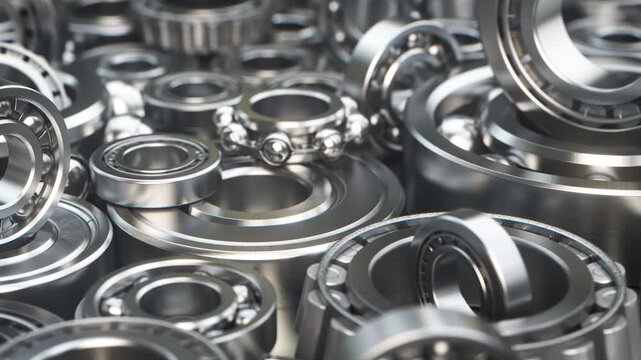 Bearings of various types industrial background. 3d animation