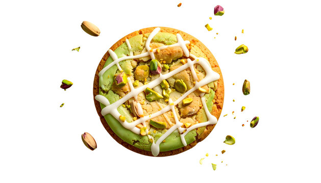 Overhead shot of a cookie with green icing, pistachio pieces, and white drizzle on black