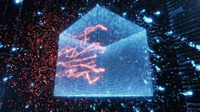 Digital abstract cube glowing with red data streams inside, surrounded by blue digital particles