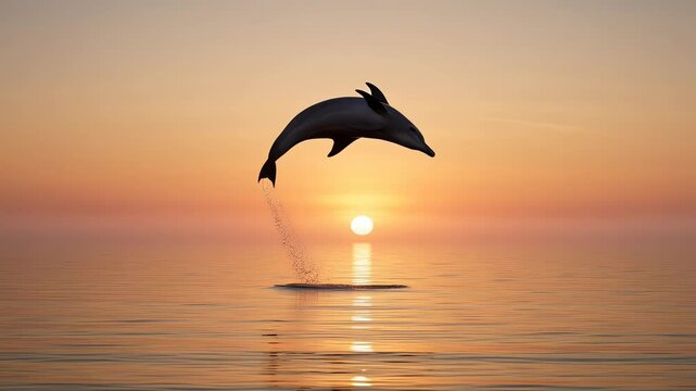 A dolphin jumping high above the calm ocean waters during a serene sunset