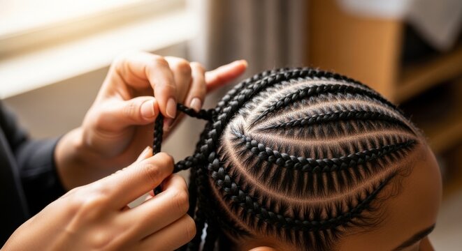 Hands braiding intricate cornrows on a client's head.