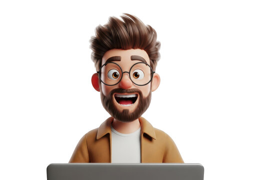 Excited cartoon man with glasses working on laptop