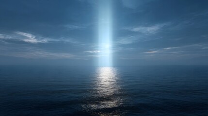 A luminous blue beam descends from the sky illuminating the calm ocean with a bright reflection