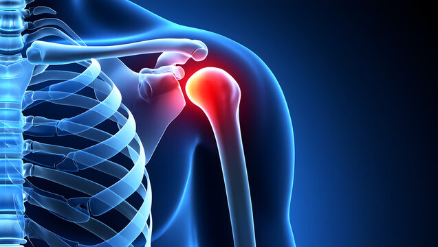 Human shoulder anatomy with glowing red pain point on humerus joint bone image