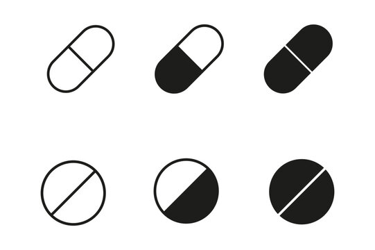 Six distinct pill shapes and color variations in a black and white illustration