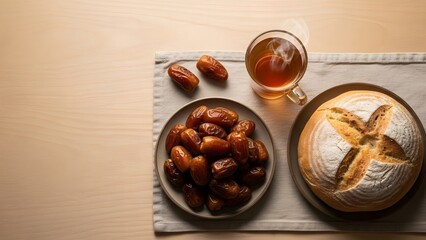 Obraz premium Overhead shot of a wholesome breakfast or snack with sweet dates, hot tea, and a rustic bread loaf, artfully arranged on a natural mat
