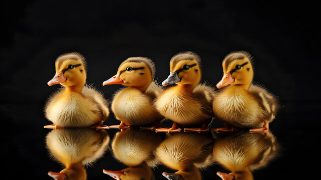 Fluffy Ducklings with Bright Beaks on Black Background