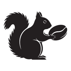 Fototapeta premium Cute squirrel holding coffee bean silhouette. Vector illustration of funny animal with nut logo icon. 