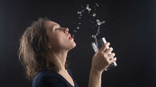Woman drinking water and spitting it out against a dark background