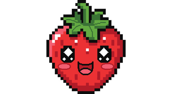 Pixel Art Strawberry Character with Happy Face.