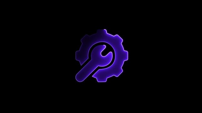 blue neon line settings icon animation. with gear and wrench on black background for web applications and technical concepts. animation...