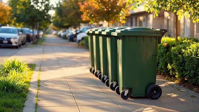 Green trash bins on sidewalk