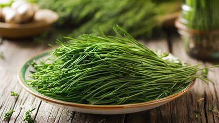 Fresh bunch of green Agretti leaves served on a ceramic plate on a rustic wooden table