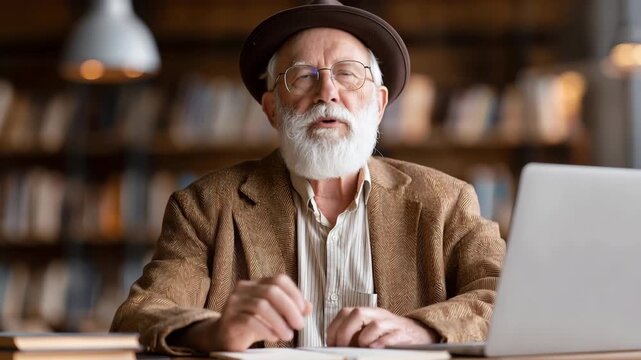 Elderly bearded man in hat writing notes beside laptop at library desk then looking up to speak