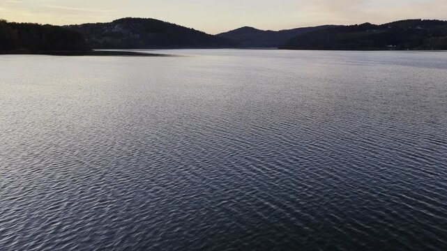 Aerial view of a lake during sunset.