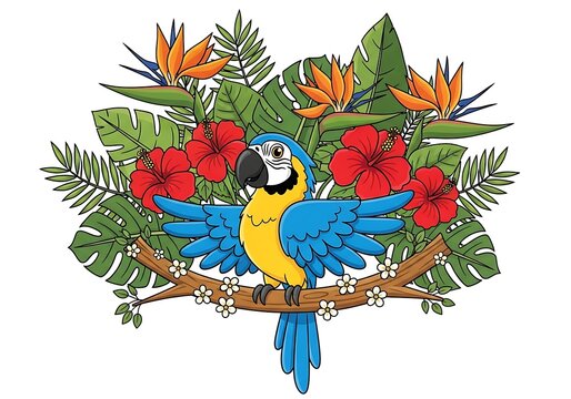 Vibrant parrots perched on a branch surrounded by tropical flowers and foliage.
