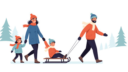 Fototapeta premium Happy family of four dressed in warm winter clothing enjoy a snowy day outdoors while pulling a child on a wooden sled through a forest.