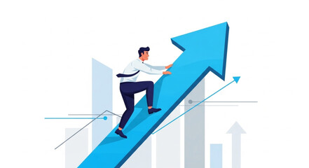 Obraz premium Man climbing blue arrow representing financial growth and success.