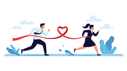 Obraz premium Man and woman in business attire race toward each other while holding a red ribbon that forms a heart shape in the center against a blue background.
