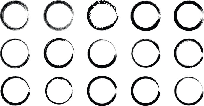 Japanese ink brush circles. Vector zen enso ring set. Grunge black round frames for minimalist design