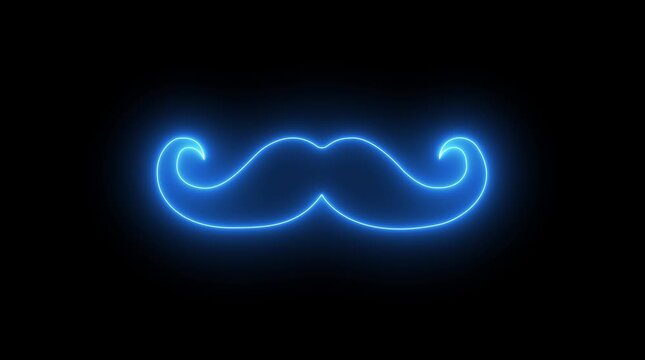 Neon royal mustache icon animation on black background, glowing facial hair symbol, elegant style and fashion concept, luxury barber logo, vintage grooming and masculine design element