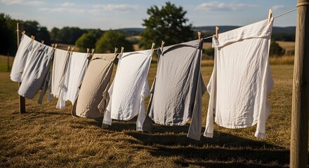 Sun-dried linen clothes hanging outdoors in summer breeze