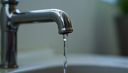 Close-Up of Water Dripping from a Modern Chrome Faucet &mdash; Symbol of Conservation, Hygiene, and Daily Resource Awareness