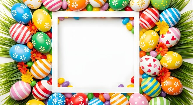 Colorful easter eggs and grass frame border with blank white space for text or image isolated on white background