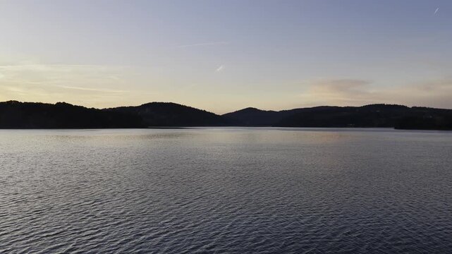 Aerial view of a lake during sunset.