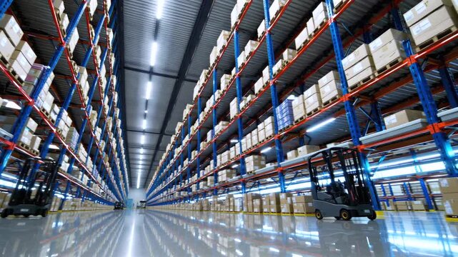 Modern Distribution Center Features Reflective Floors And Ascending Shelves, Perspective View Showcases Illuminated Racks And Mirrorlike Floor In Vast Storage Facility
