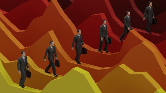 Seamless loop video of business leaders navigating a jagged financial market chart for risk management and economic strategy presentations
